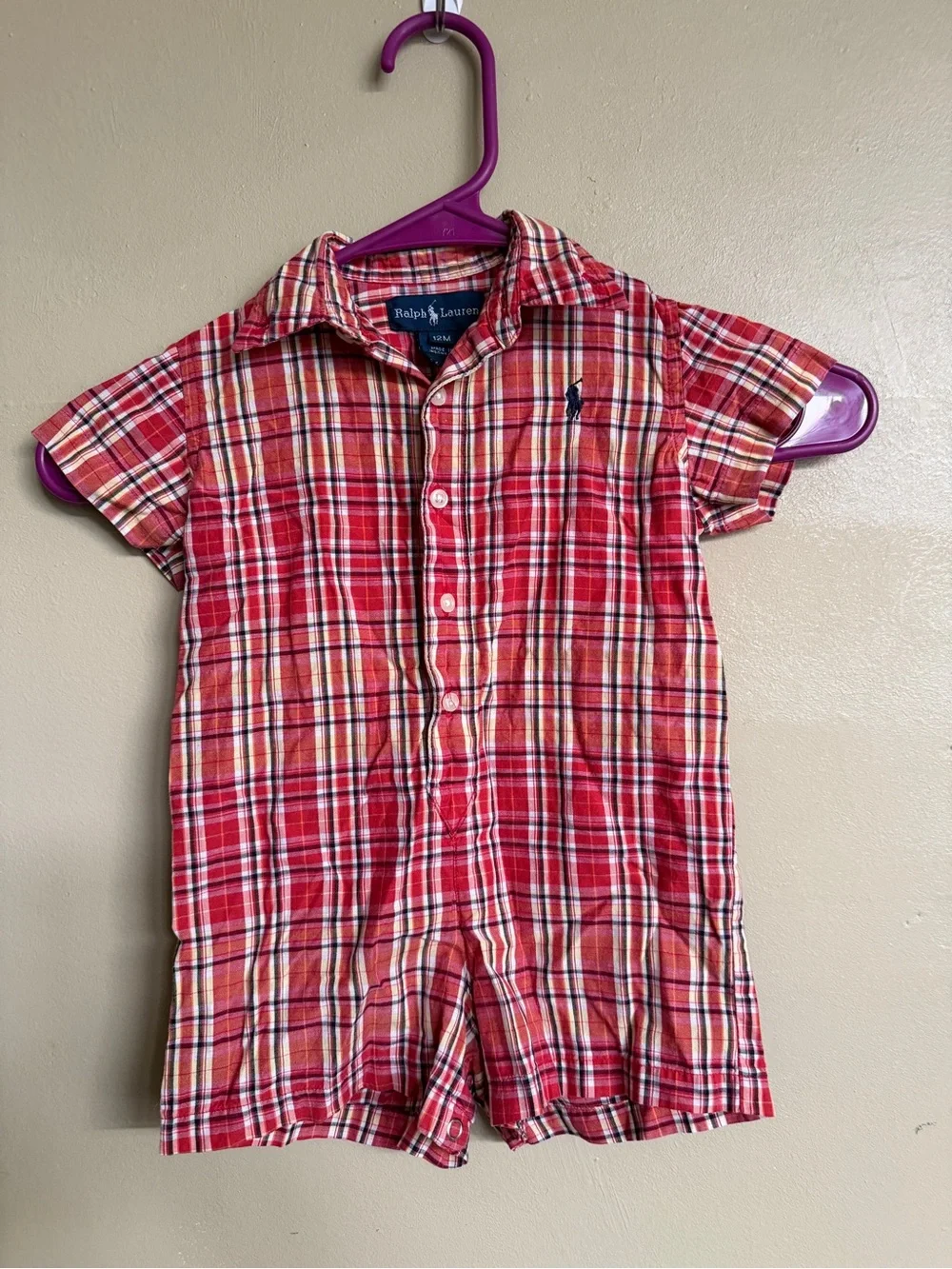 Ralph Lauren Baby Plaid Romper | 12M | 100% Cotton